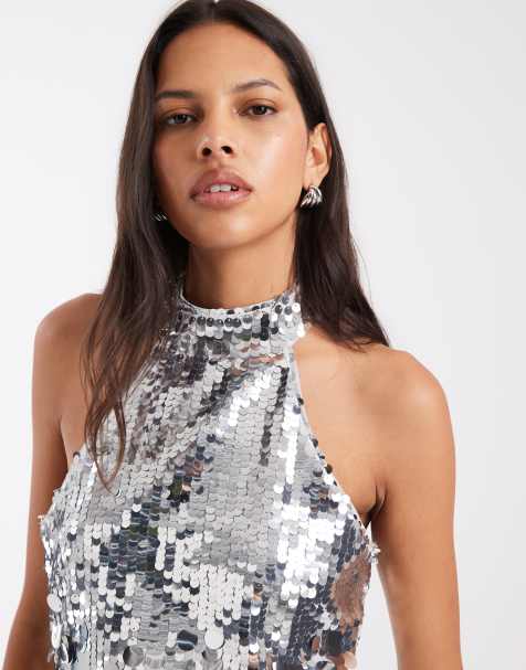 Pieces top con scollo all'americana e paillettes a disco argento - view 1
