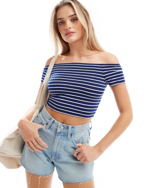 Pieces - Top con spalle scoperte blu navy a righe bianche