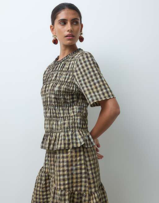 Pieces top coordinato con arricciatura a quadretti marroni e gialli, 2 di 4