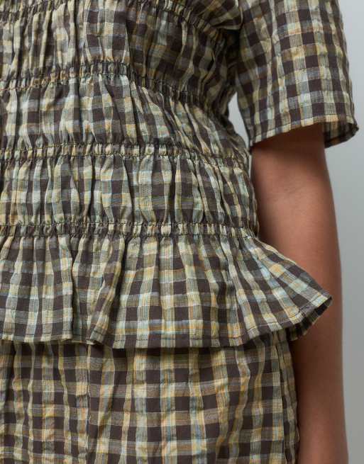Pieces top coordinato con arricciatura a quadretti marroni e gialli, 3 di 4