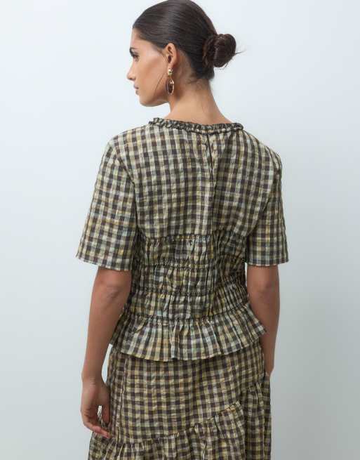 Pieces top coordinato con arricciatura a quadretti marroni e gialli, 4 di 4