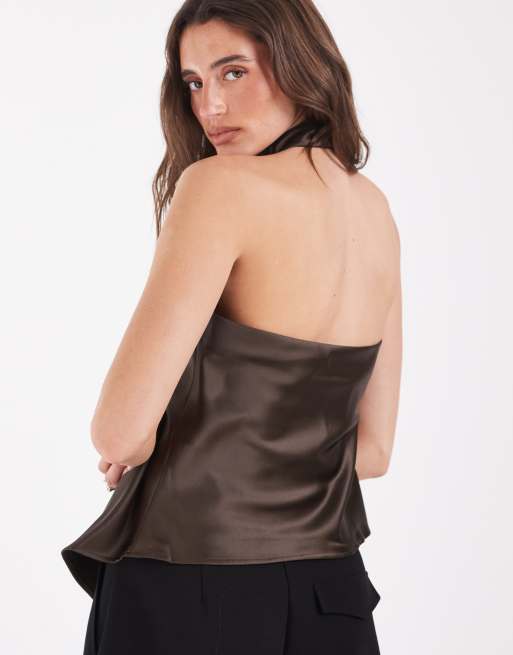 Pieces top de l’ensemble à col licou, ourlet asymétrique, en satin marron, 3 de 4