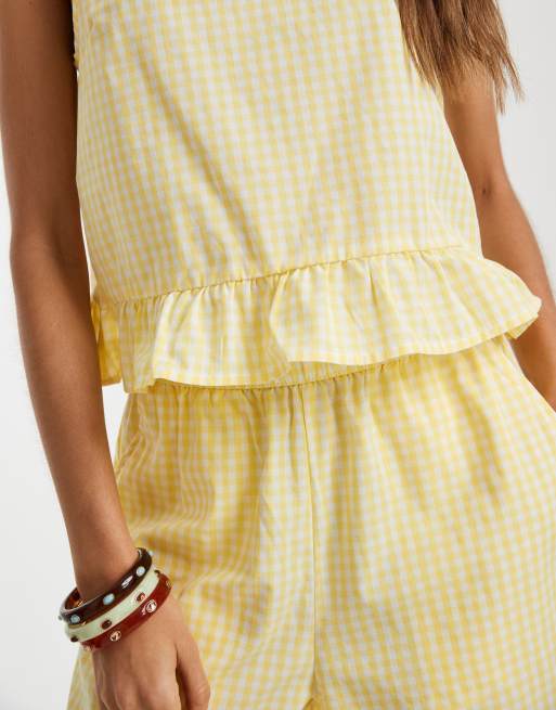 Pieces - Top d'ensemble sans manches à ourlet volanté et carreaux vichy - Jaune/blanc, 3 de 4