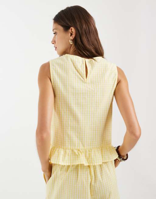Pieces - Top d'ensemble sans manches à ourlet volanté et carreaux vichy - Jaune/blanc, 4 de 4