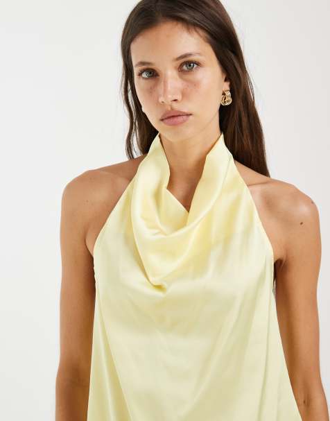 Pieces - Top dos nu en satin à ourlet asymétrique - Jaune pastel - view 1