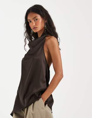 Top dos nu en satin à ourlet asymétrique - Marron chocolat S