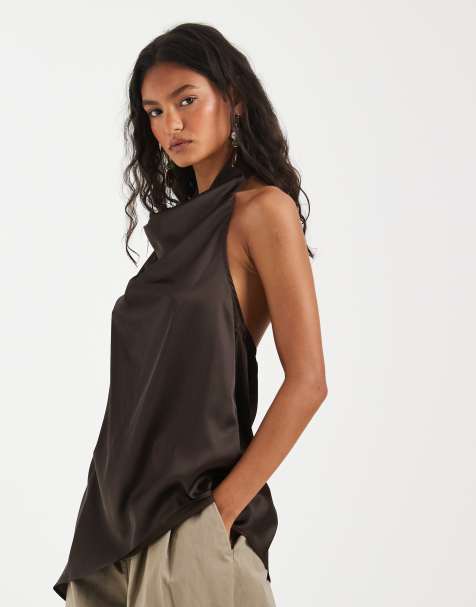 Pieces - Top dos nu en satin à ourlet asymétrique - Marron chocolat - view 1