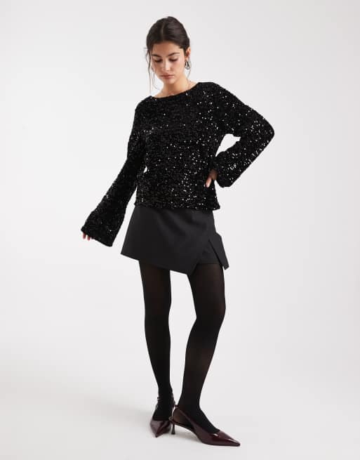 Pieces - Top dos nu en satin à sequins et nœud au dos - Noir, 2 de 4