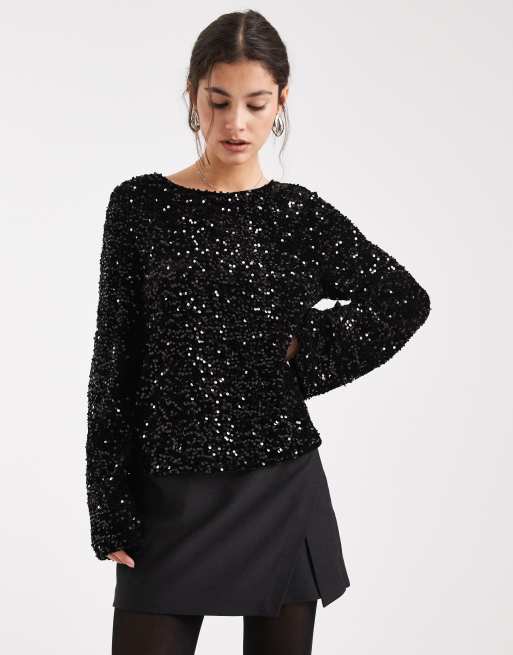 Pieces - Top dos nu en satin à sequins et nœud au dos - Noir, 3 de 4