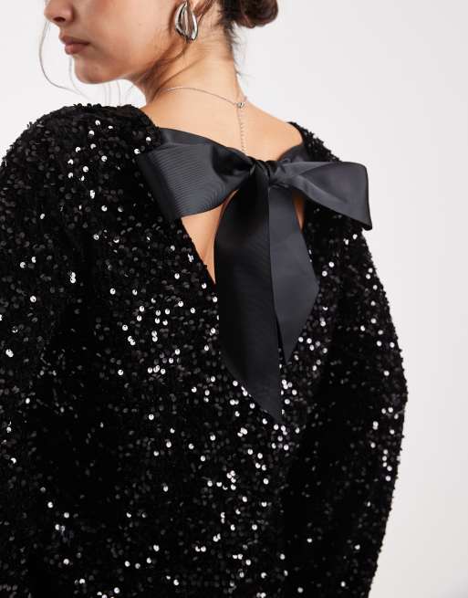 Pieces - Top dos nu en satin à sequins et nœud au dos - Noir, 4 de 4