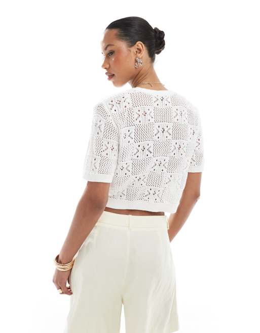 Pieces - Top en crochet à fleurs et motif damier avec liens devant - Crème, 4 de 4