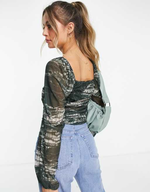 Pieces - Top en tulle avec encolure carrée - Vert à motif animal, 3 de 4