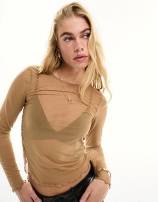 Pieces ruched side mesh top in brown - ASOS Price Checker