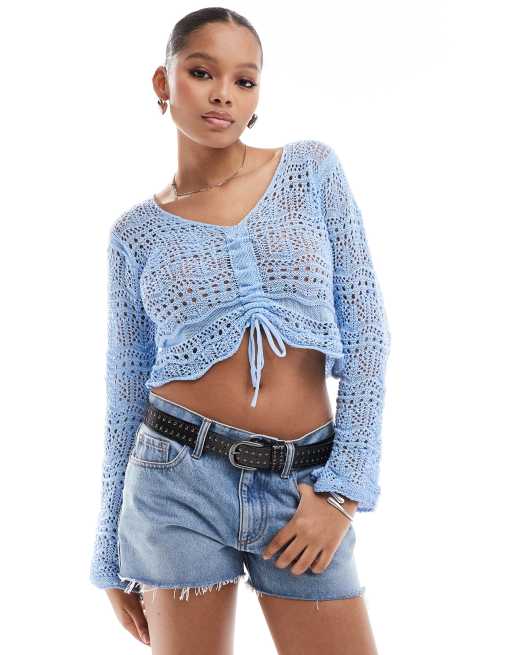 Pieces - Top froncé sur le devant en crochet - Bleu