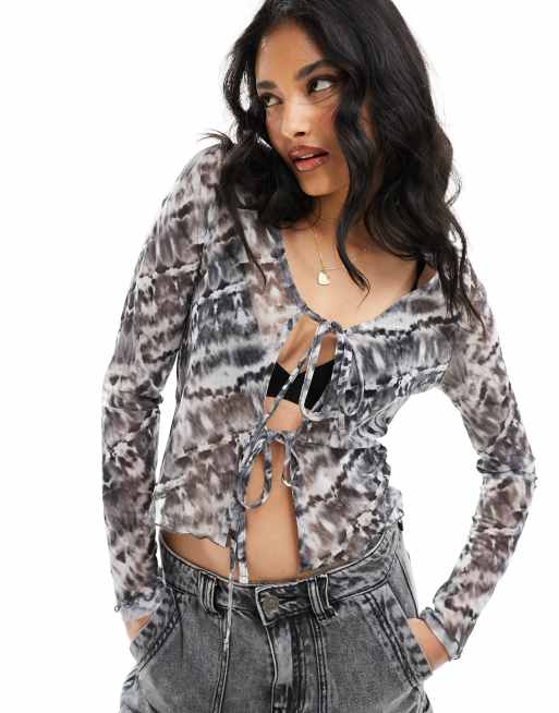 Pieces - Top imprimé tie-dye avec liens devant - Noir et blanc