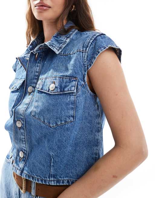 Pieces Top in denim corto con maniche ad aletta blu denim medio