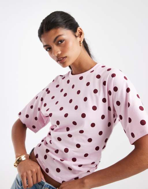 Pieces top in jersey a pois rosa e bordeaux con vita arricciata, 3 di 4