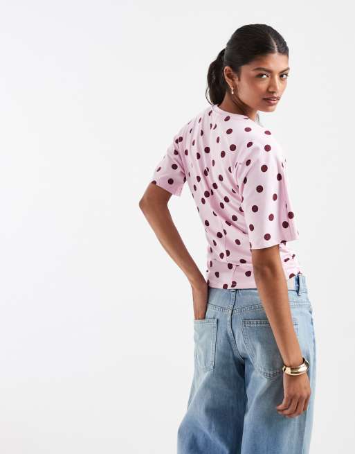 Pieces top in jersey a pois rosa e bordeaux con vita arricciata, 4 di 4