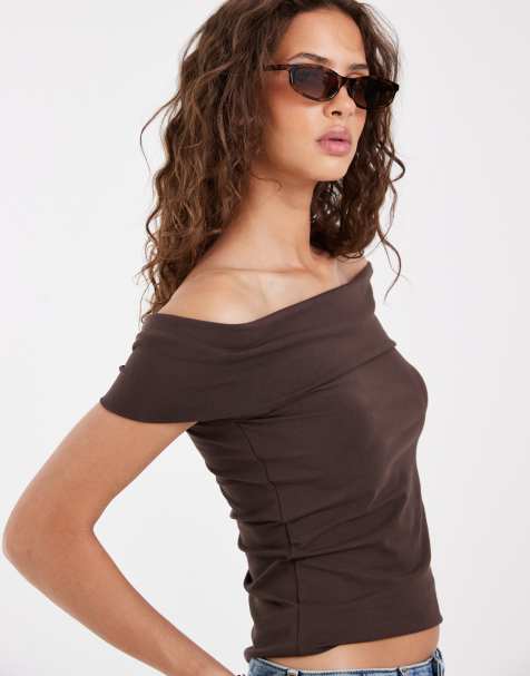 Pieces - Top in jersey marrone cioccolato con scollo a barchetta - view 1