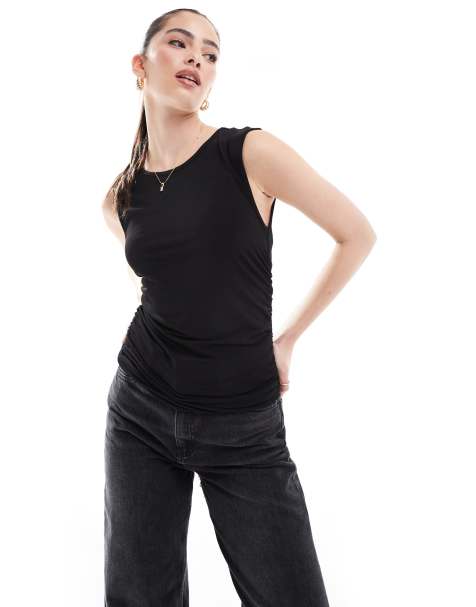 Pieces - Top in jersey senza maniche con ruches nero - view 1