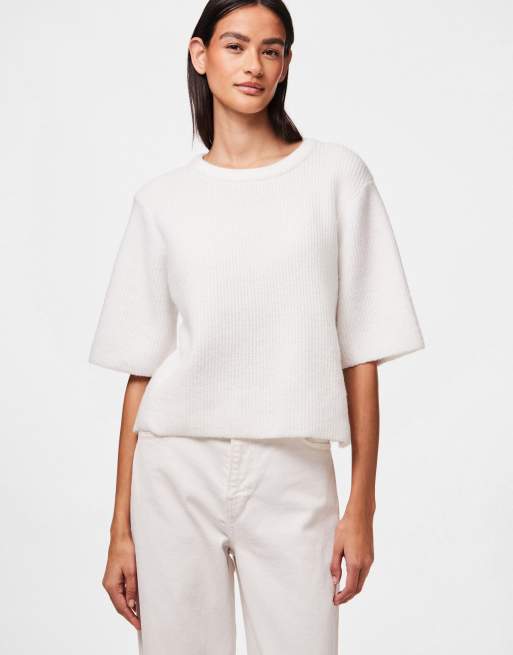 Pieces - Top in maglia color cloud dancer