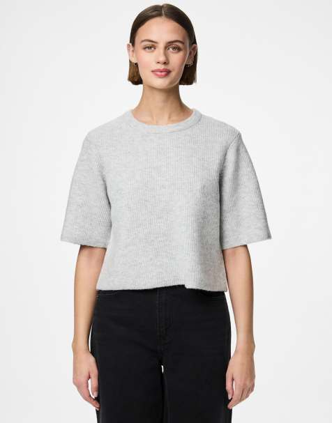 Pieces - Top in maglia grigio chiaro mélange - view 1