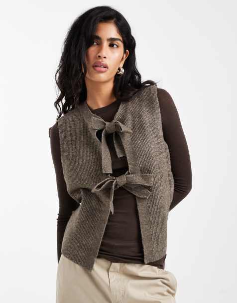 Pieces - Top in maglia marrone allacciato sul davanti - view 1