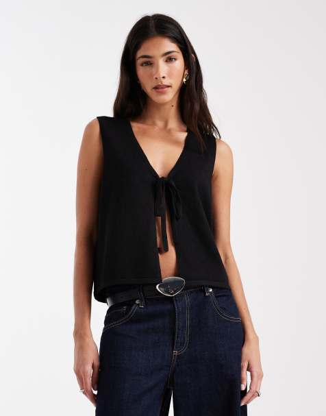 Pieces - Top in maglia nero senza maniche allacciato sul davanti - view 1