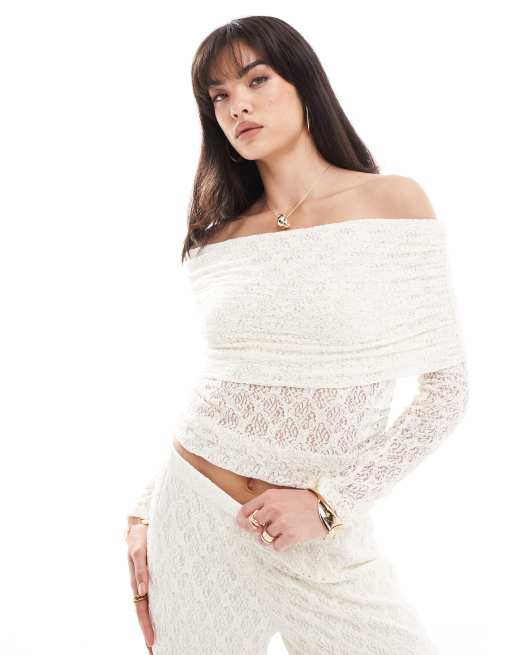 Pieces - Top in pizzo color crema con spalle scoperte in coordinato