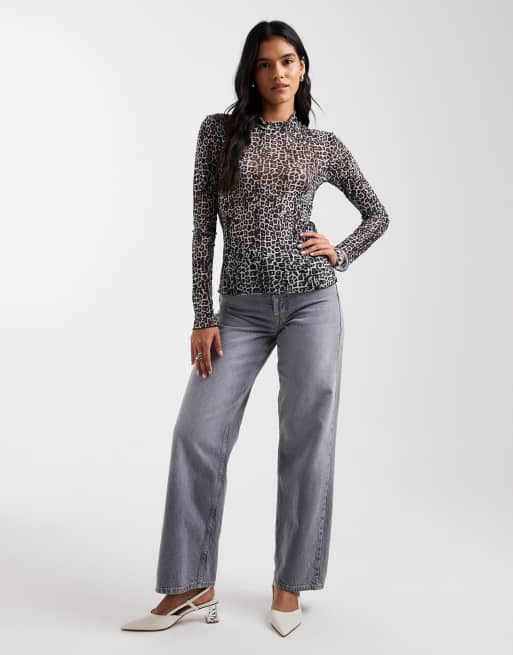 Pieces - Top in rete accollato con stampa animalier tono su tono, 2 di 4
