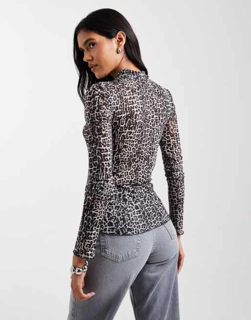 Pieces - Top in rete accollato con stampa animalier tono su tono, 3 di 4