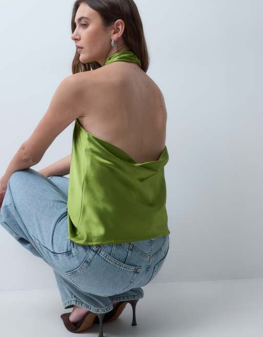 Pieces top in satin allacciato al collo con taglio asimmetrico, verde muschio, 2 di 4