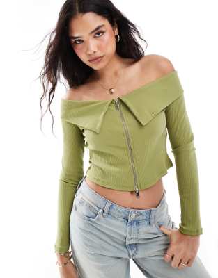 Pieces - Top met blote schouders, rits en lange mouwen in groen