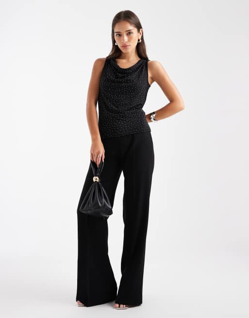 Pieces - Top met gedrapeerde halslijn, siersteentjes en open rug in zwart, 2 van 4