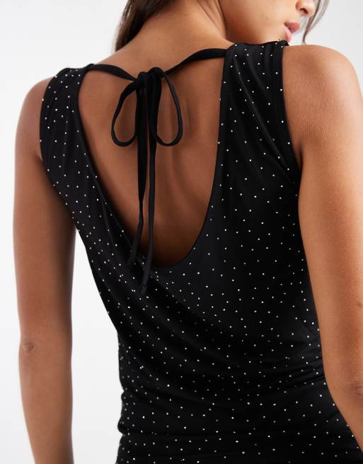 Pieces - Top met gedrapeerde halslijn, siersteentjes en open rug in zwart, 3 van 4