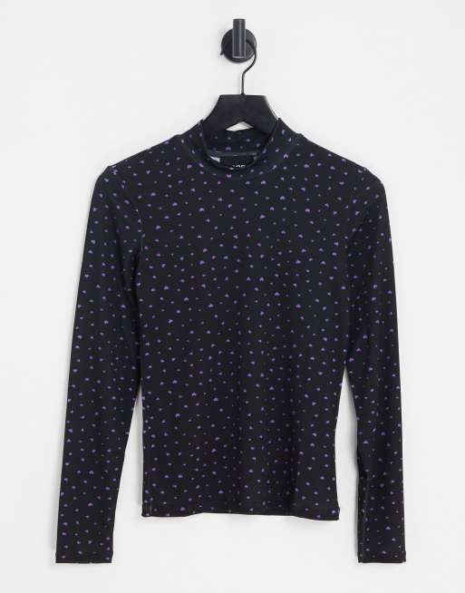 Pieces - Top met lange mouwen in zwart met paarse hartjes