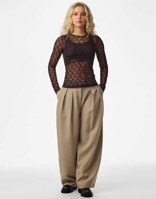 Pieces top met lange mouwen in zwarte koffie, 3 van 7