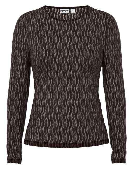 Pieces top met lange mouwen in zwarte koffie, 6 van 7