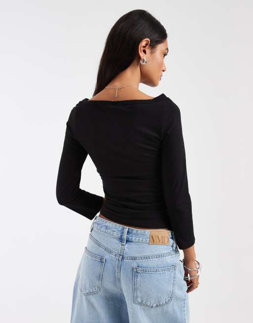 Pieces - Top negro con mangas 3/4 y cuello barco, 3 de 4