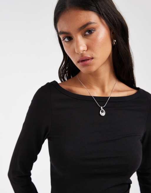 Pieces - Top nero con scollo a barchetta e maniche a 3/4, 4 di 4
