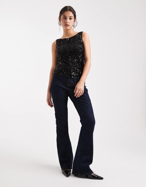 Pieces - Top nero con scollo a barchetta e paillettes, 3 di 4