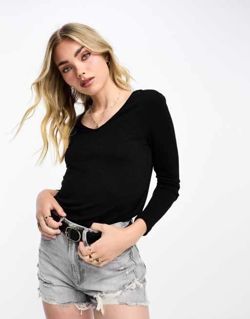 Pieces - Top nero testurizzato con scollo a V