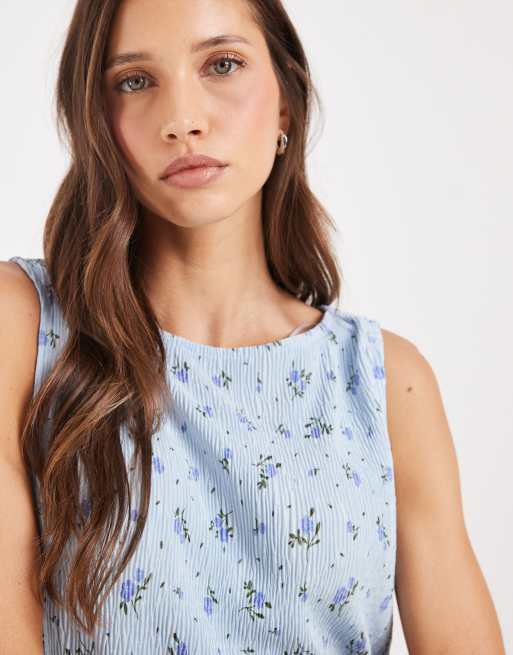 Pieces - Top plissé sans manches à encolure bateau et imprimé fleurs - Bleu, 2 de 4