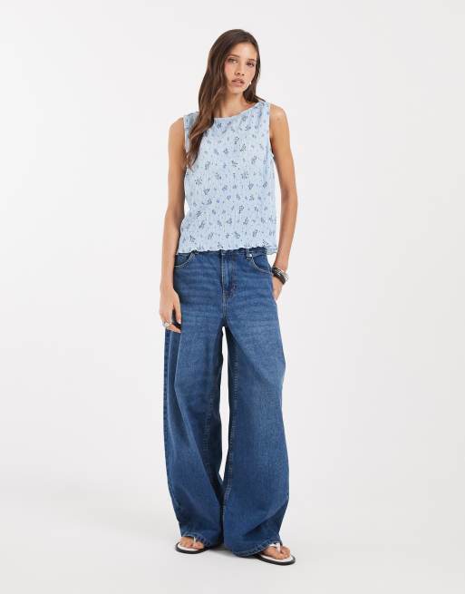 Pieces - Top plissé sans manches à encolure bateau et imprimé fleurs - Bleu, 3 de 4