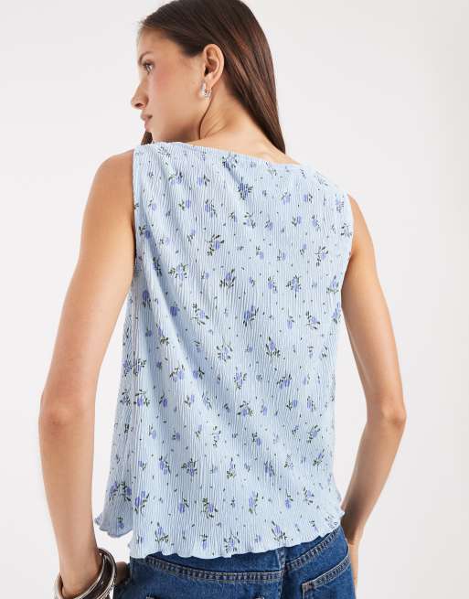 Pieces - Top plissé senza maniche con scollo a barchetta e stampa a fiori blu, 4 di 4