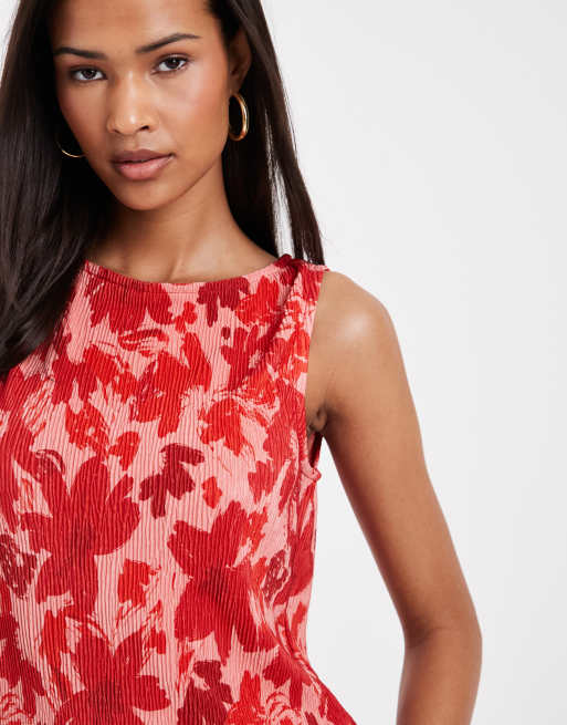 Pieces - Top rosa y rojo plisado sin mangas con cuello barco y estampado floral, 3 de 4