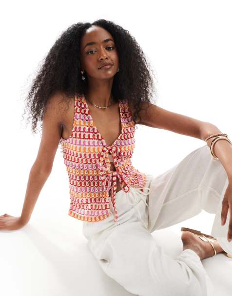 Pieces - Top sans manches en maille crochetée rayée avec liens nouées à l'avant - Rouge/orange - view 1