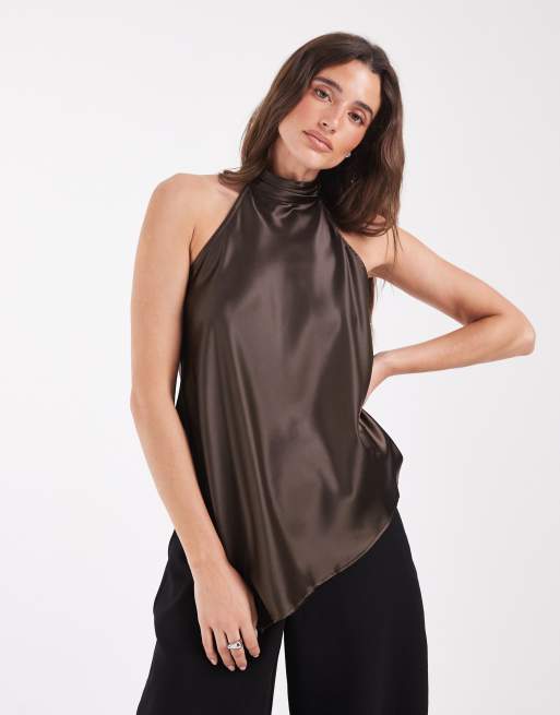Pieces top satinado con cuello halter y bajo asimétrico, parte de un conjunto, marrón, 3 de 4