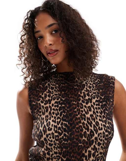 Pieces - Top senza maniche accollato plissettato con stampa leopardata in coordinato, 4 di 4