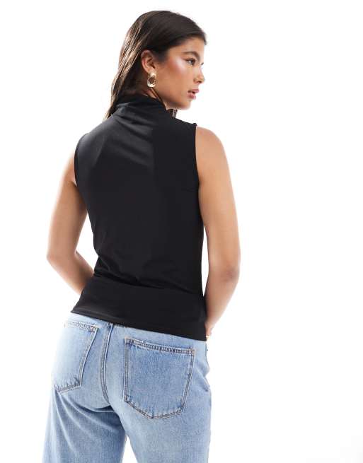 Pieces - Top senza maniche nero con scollo drappeggiato, 2 di 4